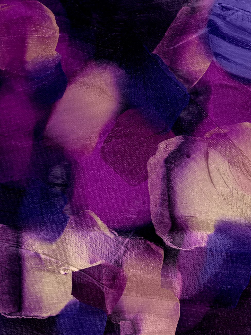 A dynamic abstract painting in purple hues with textured brushstrokes.